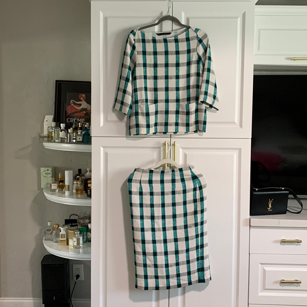 Zara top and midi skirt set. Green and white M